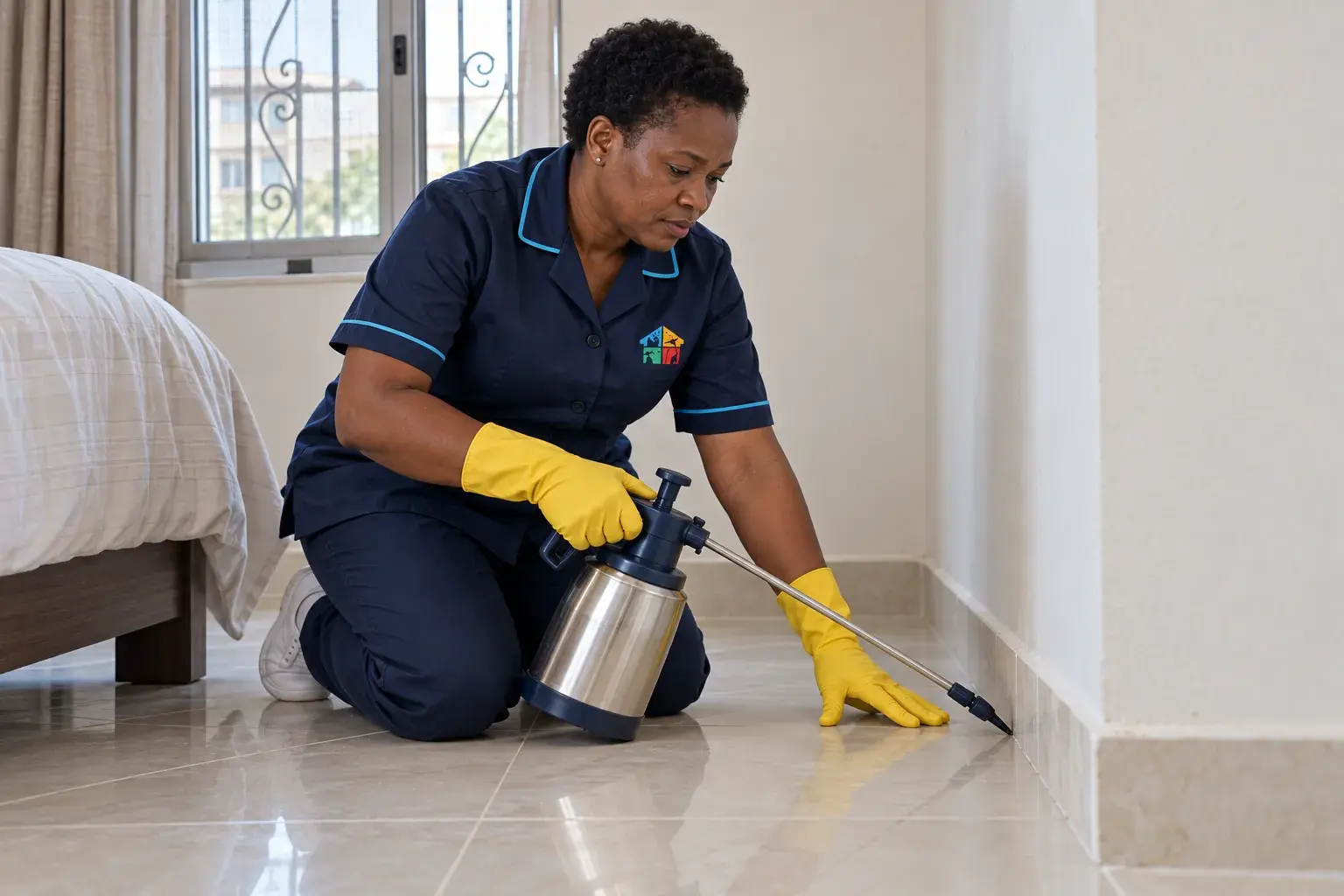 Solufix cleaner kneeling to spray along a bedroom skirting board