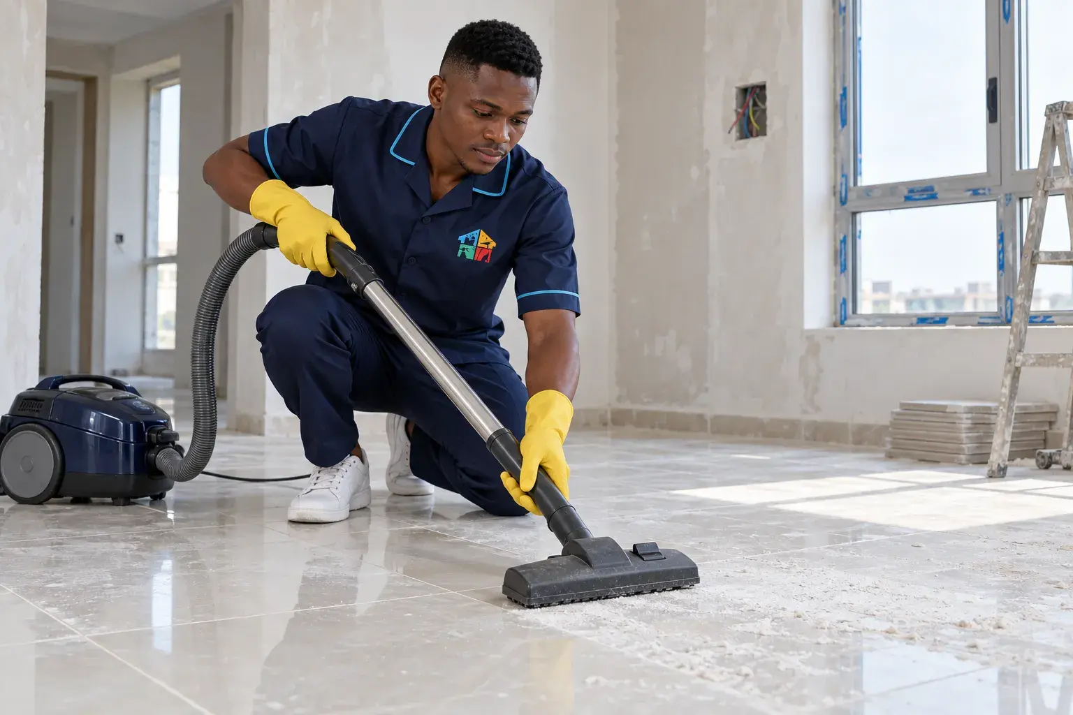 Solufix cleaner kneeling to vacuum construction dust off new floor tiles
