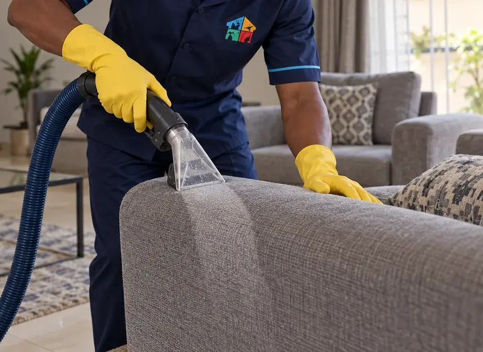 Yellow-gloved hands running an upholstery nozzle along the arm of a grey sofa, leaving a clean stripe