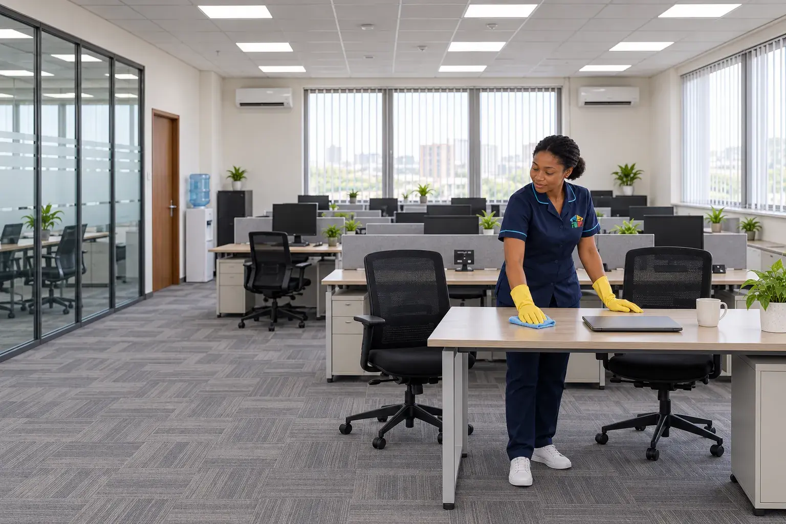 Open-plan office where a Solufix cleaner wipes down a desk