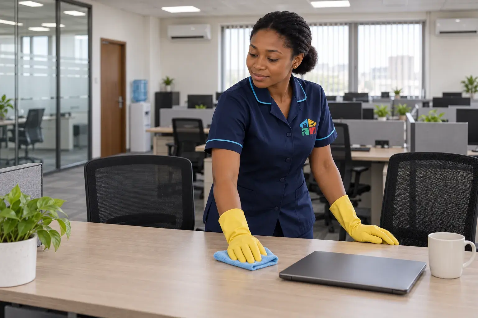 Solufix cleaner in yellow gloves wiping an office desk with a blue cloth