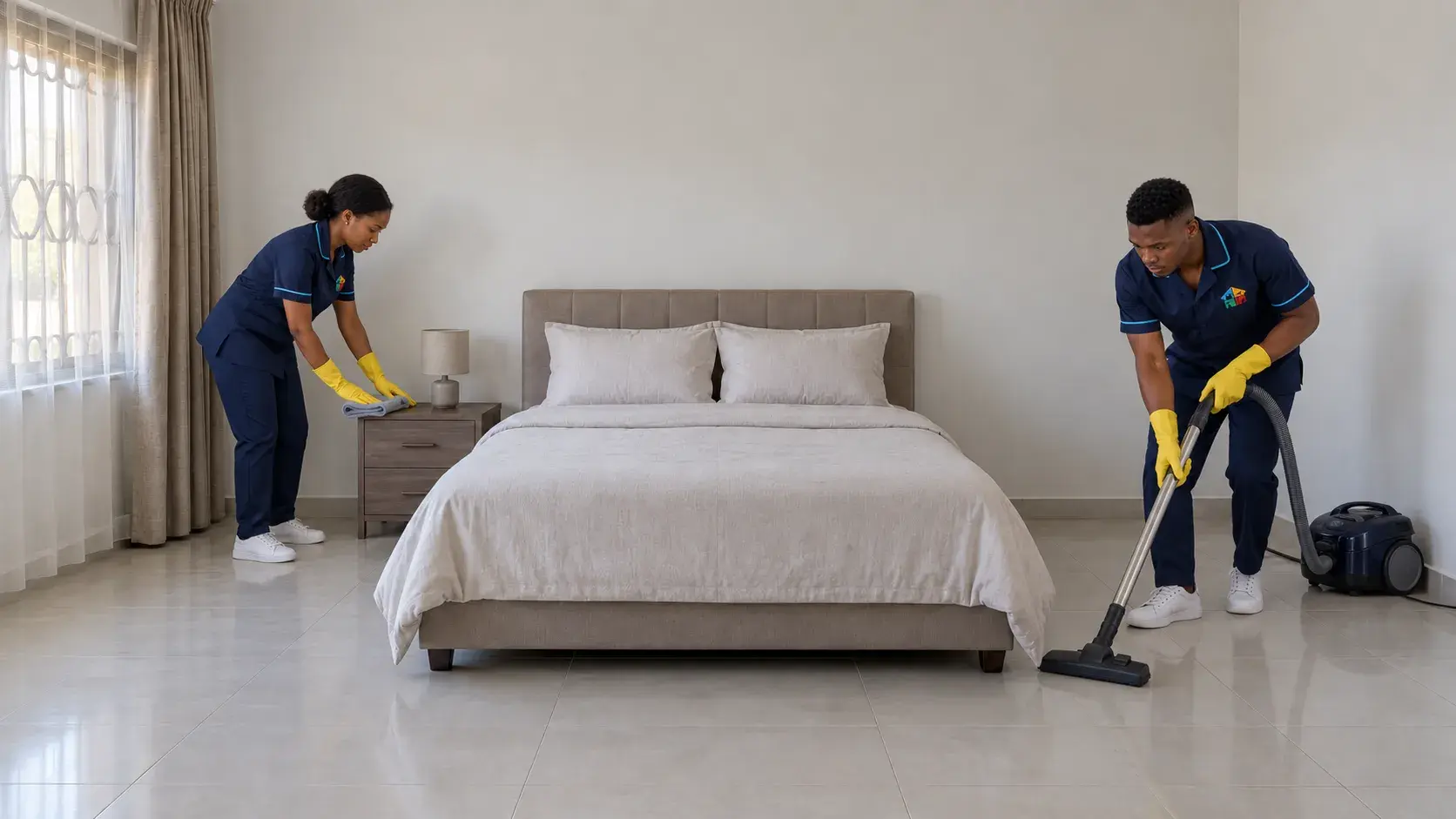 Two Solufix cleaners in navy uniforms and yellow gloves cleaning a bright bedroom, one wiping a bedside table and the other vacuuming the tiled floor
