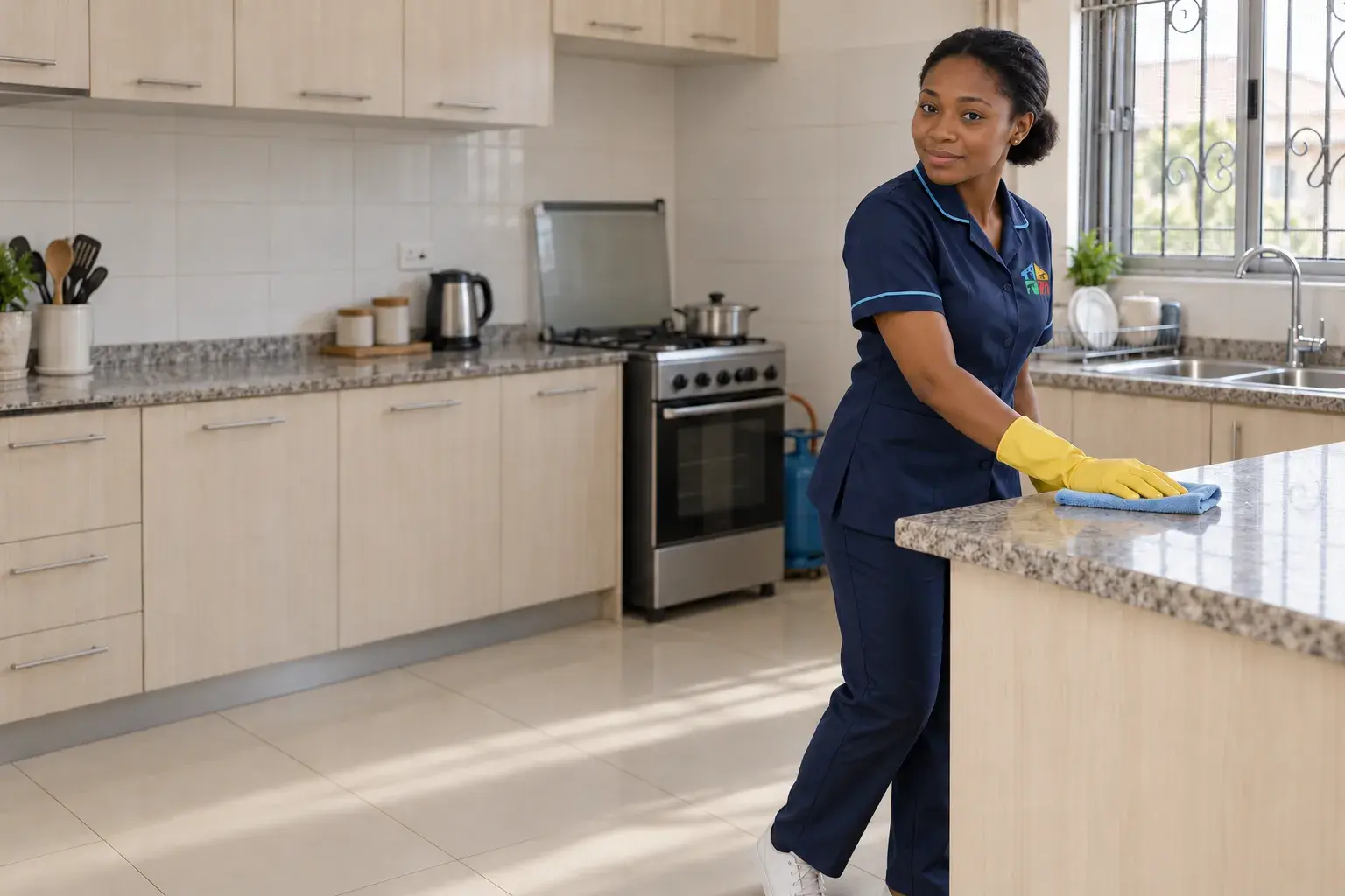 Solufix cleaner in a navy uniform and yellow gloves wiping a granite kitchen counter