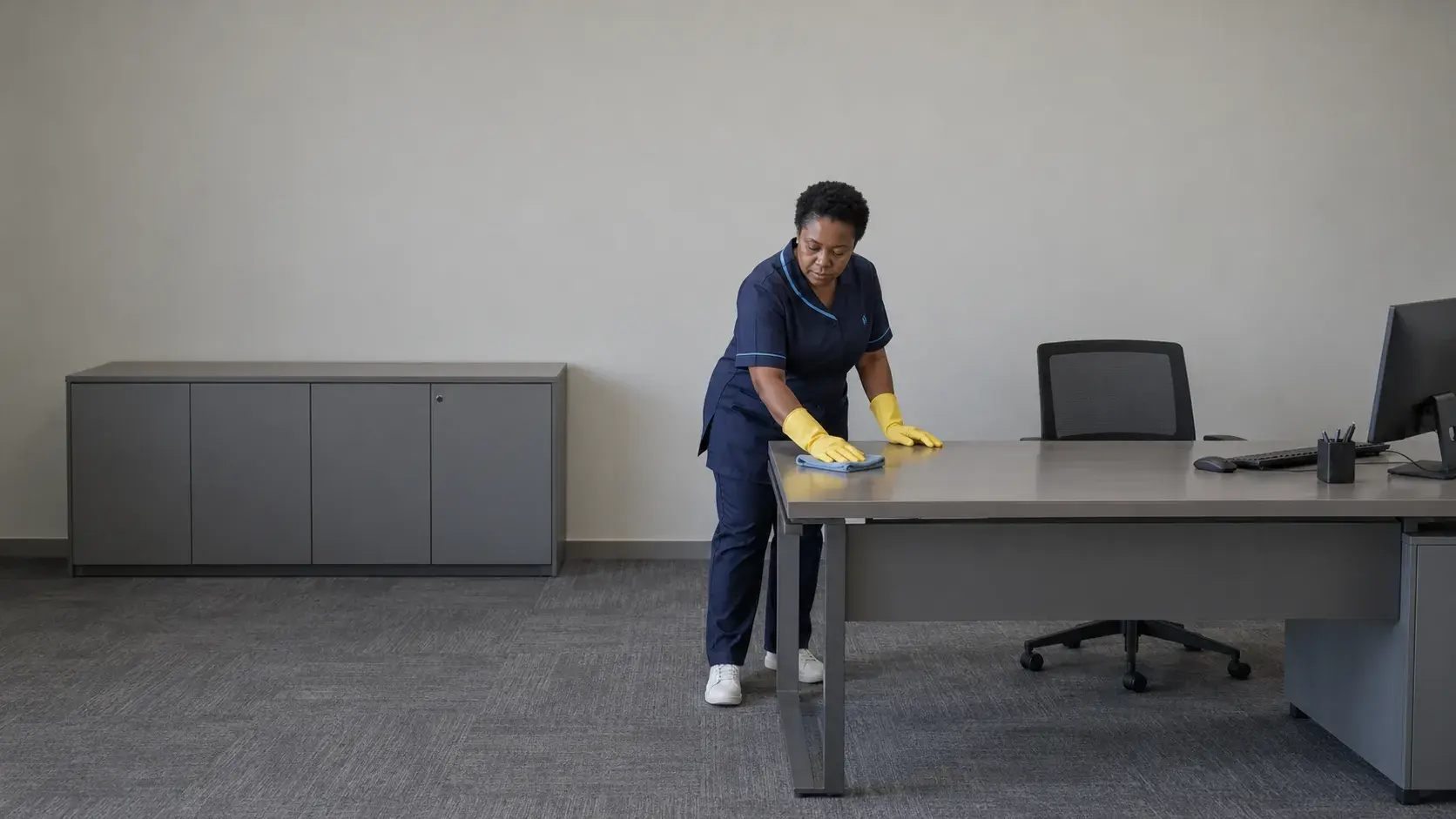 A Solufix cleaner in a navy uniform and yellow gloves wiping down an office desk with a blue cloth