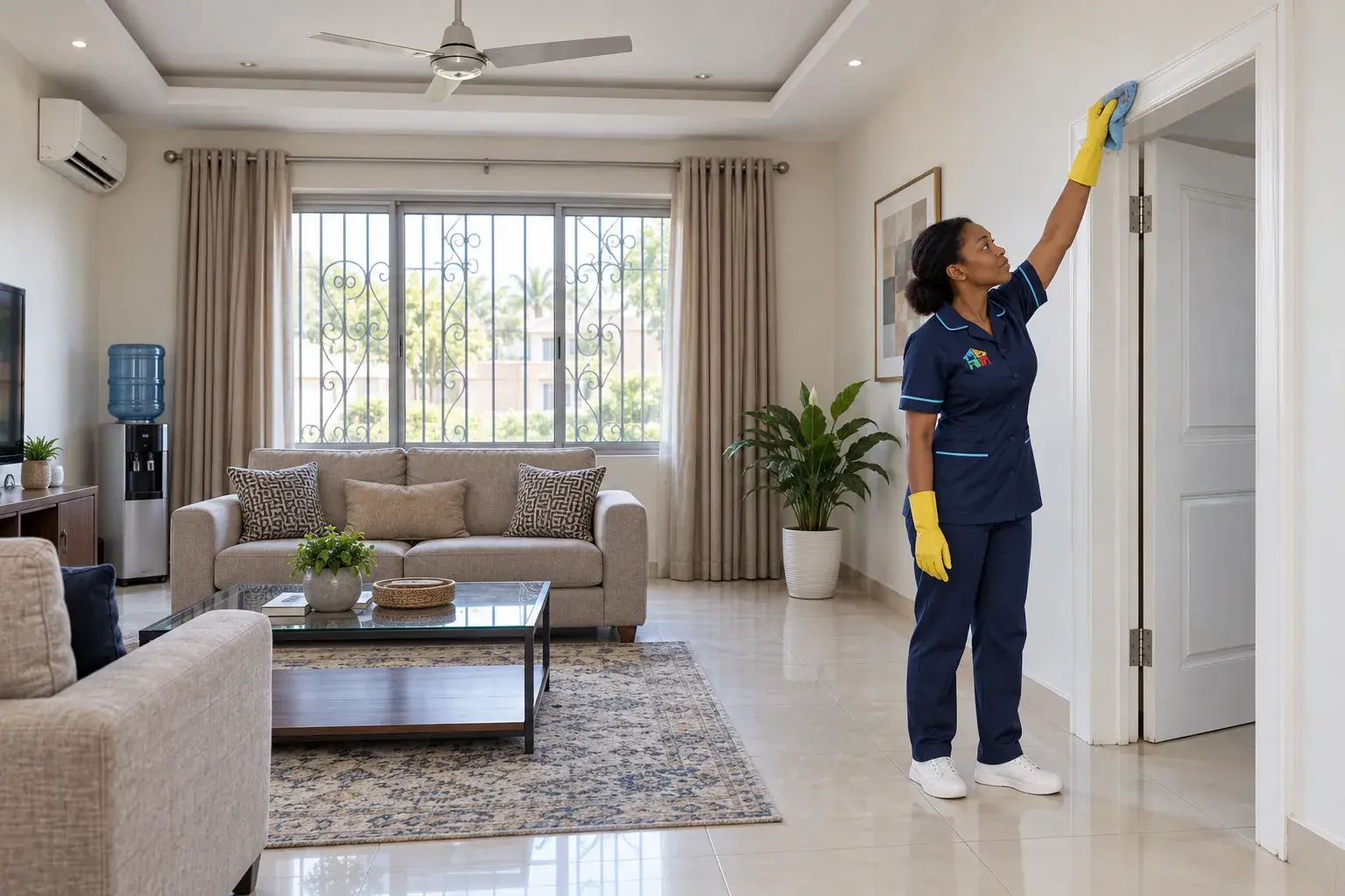 Bright living room where a Solufix cleaner wipes the top of a door frame
