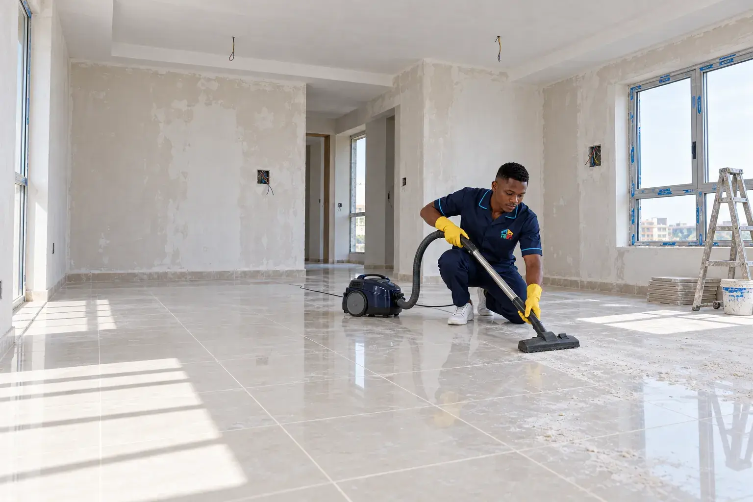 Unfinished room with new tiles where a Solufix cleaner vacuums up construction dust